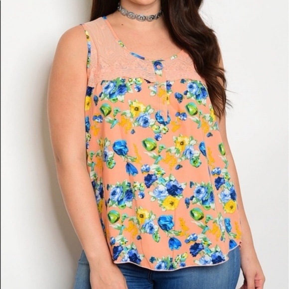 Plus Size Peach Lace Soft Blue Floral Tank Top - Picture 2 of 3